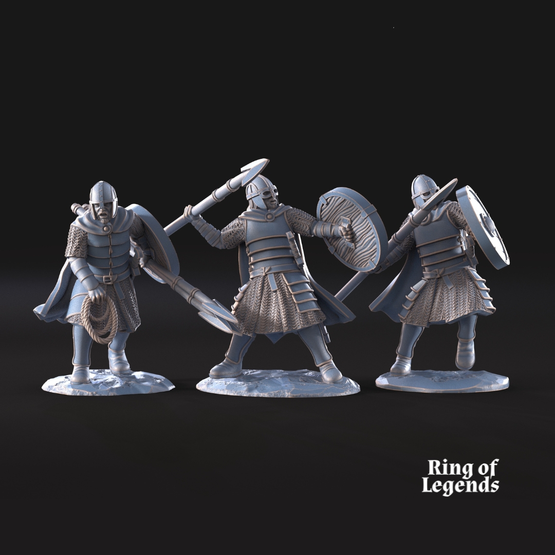 3x Regular Warriors on foot with throwing spear and shield | West Humans | Ring of Legends